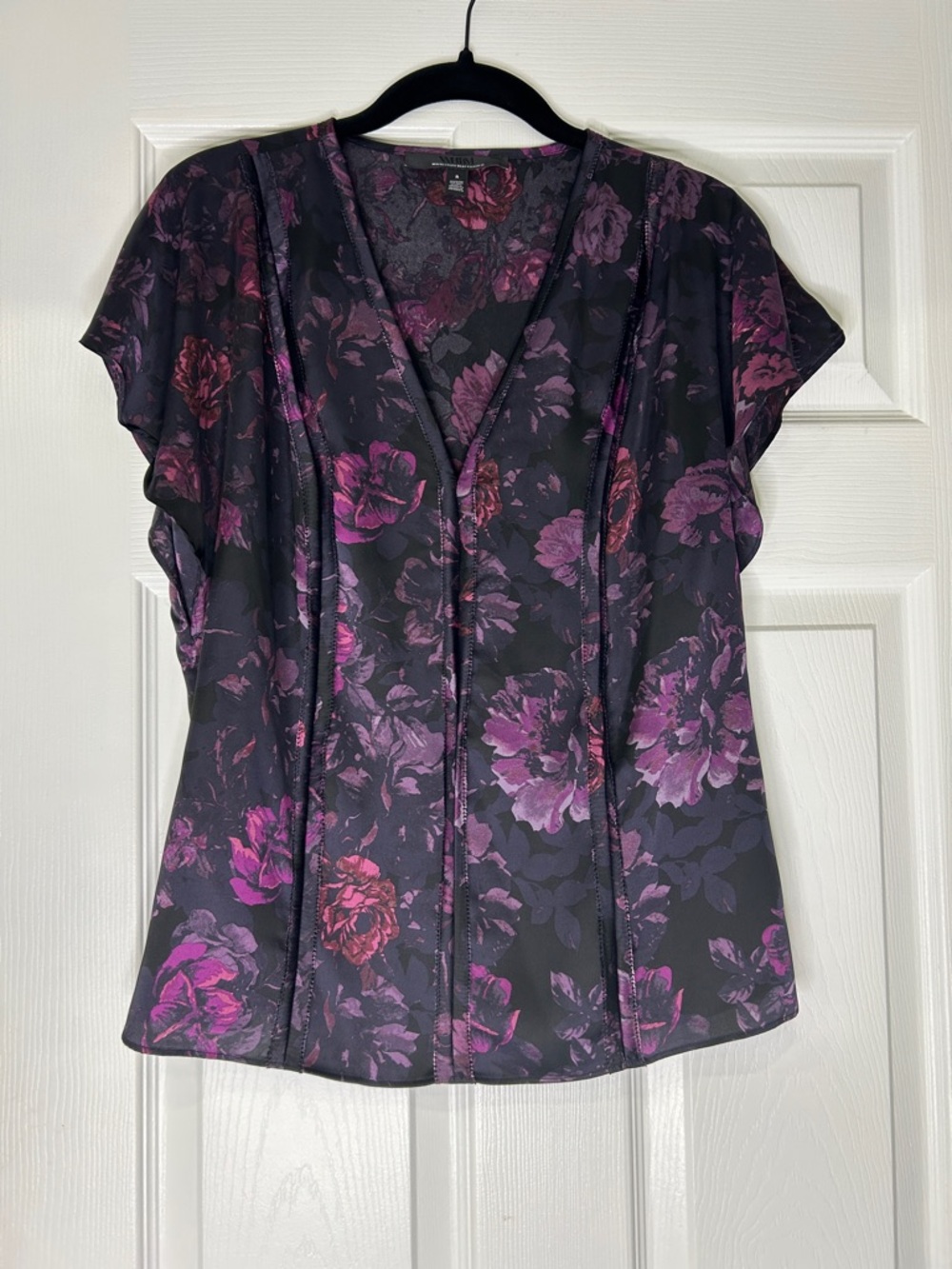 White House Black Market Black Floral V-Neck Blouse with Purple Accents